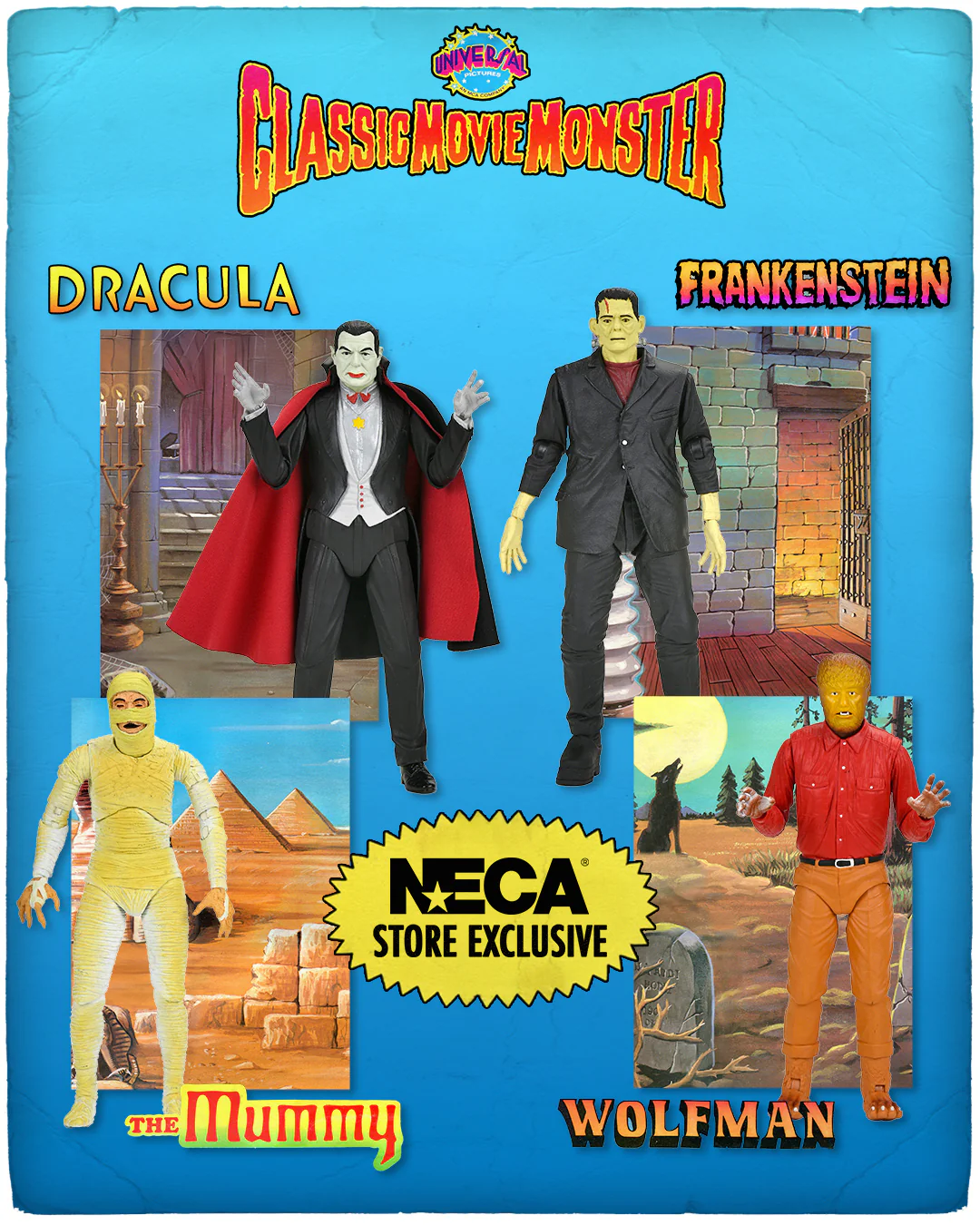 Universal Monsters - Frankenstein, Wolfman, Mummy & Dracula (Classic Movie Monsters) 7” Scale Action Figure Bundle (PRE-ORDER)